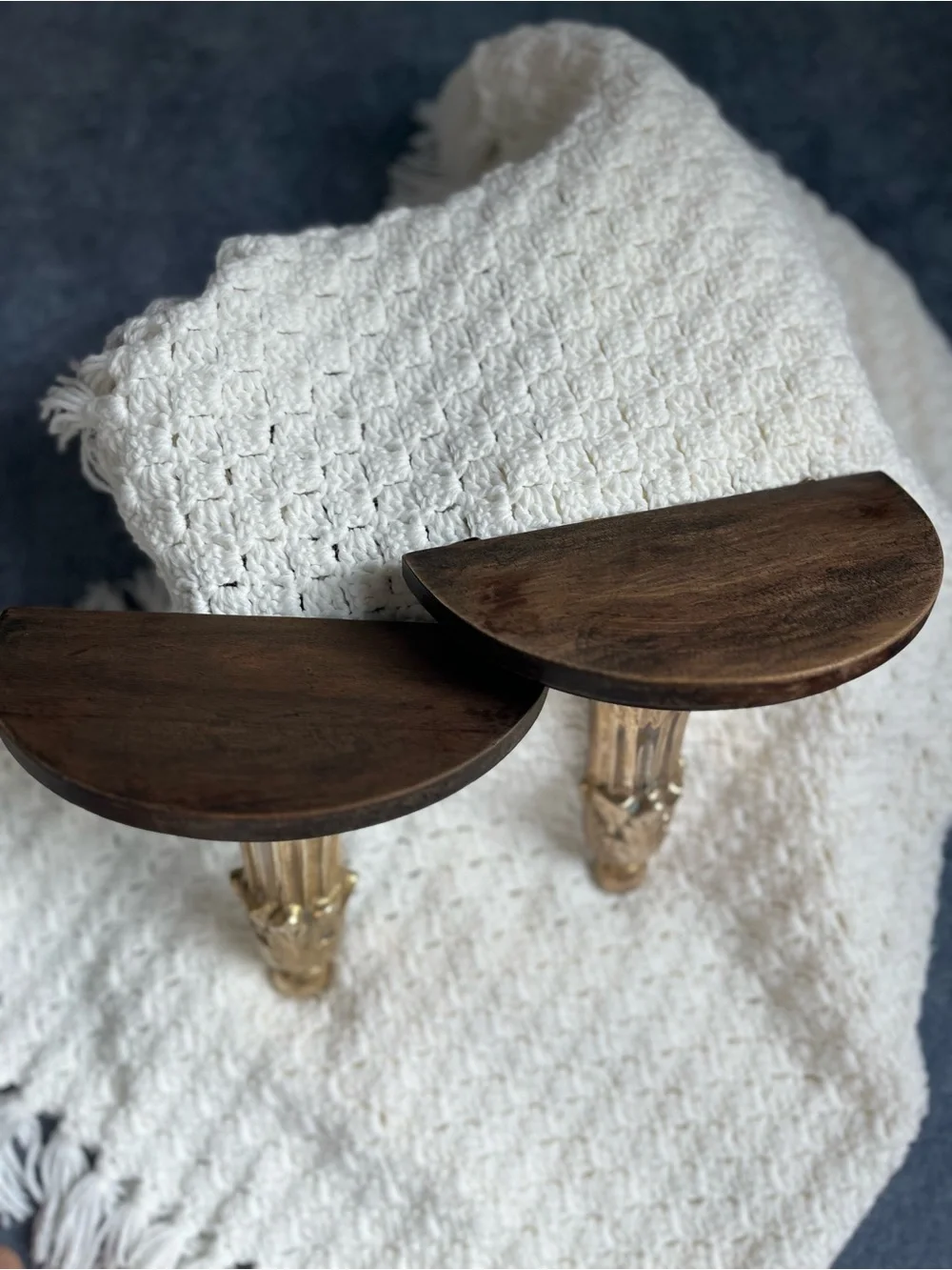 Ornate Vintage Brass and Dark Wood Wall Shelf Brackets - Pair